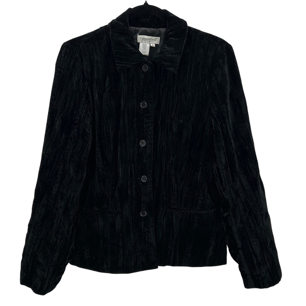 VTG Coldwater Creek Black Crushed‎ Velvet Textured Whimsigoth Blazer Jacket Med